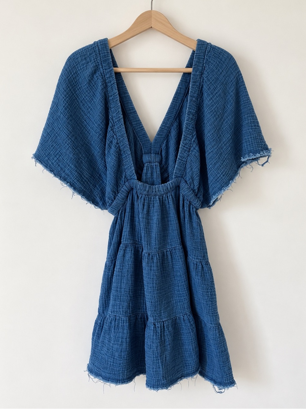 aerie Blue Gauze V-Neck Tiered Dress Boho Beach Swim Cover-Up - Picture 3 of 11